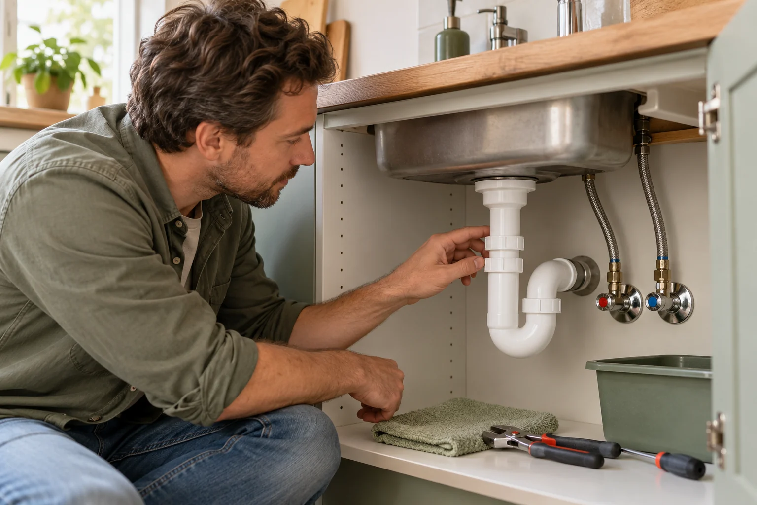 Een sifon en wateraansluitingen bekijken onder een keukenspoelbak